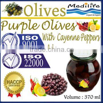 100% Tunisian Purple Table Olives,Purple Olives with Cayenne Peppers and Lemon,Purple Table Olives. 370 ml Glass Jar