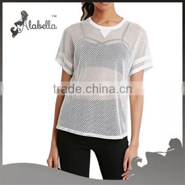 Top tee white t-shirts with mesh fabric sexy t shirts for women