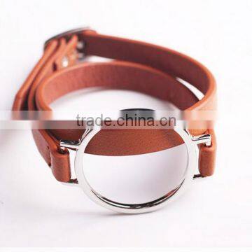 Big round circle charm brown genuine leather bracelets diy genuine leather bracelets for her gifts 2017