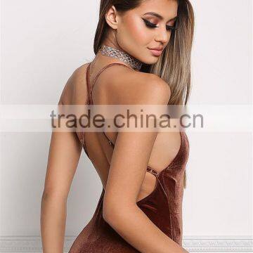 MGOO Fashion Factory Made Cross Strap Velvet Bodysuits Custom Deep V Neck Bloues Tops Sleeveless Custom photo-3