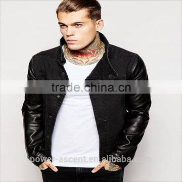 2016 Men's Black Cool Denim Jacket With Faux Leather Sleeves
