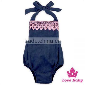 HYB148 Lovebaby Wholesale Pink Lace front half romper Plain Navy cotton organic cotton jumpsuit