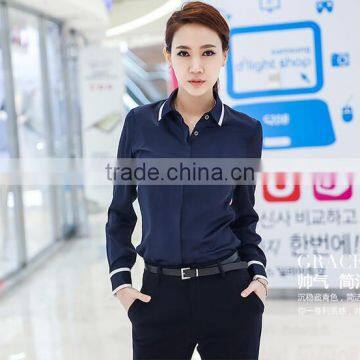Custom High Quality Woman Clothes Fashionable Navy Blue Elegant Ladies Blouse Wholesale