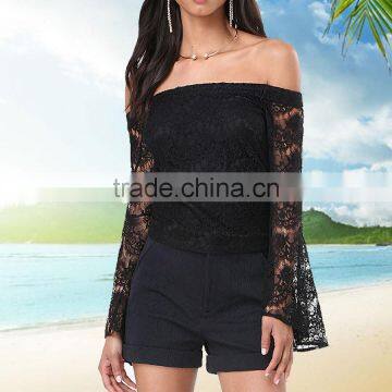 Clothes Woman Fashion Long Bell Sleeve Off-shoulder Lace Blouse Black for Wholesale 2017 photo-4