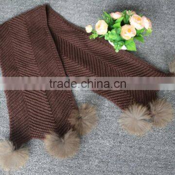 Hot wholesale fashion long scarf lady pure color stretch knit scarf with fur balls