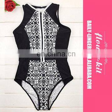 Lady One Piece Zipper Retro Print Bikini Push Up Monokini Conjoined Bathing Suit