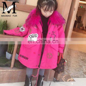 2016 Fashion Wholesale Cute Kids Fur Parka with Genuine Raccoon Fur Hood and Rex Rabbit Fur Lining Children Winter Jacket