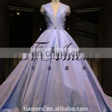 1A882 Elegant Light Blue Satin Open Neck Wedding Gown Evening Dress 2016