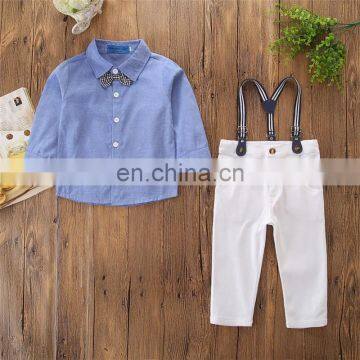 Baby Boy Gentry Outfit Kids Stripe Shirt + White Suspender Pants 2PCS Set for 2-7T photo-4