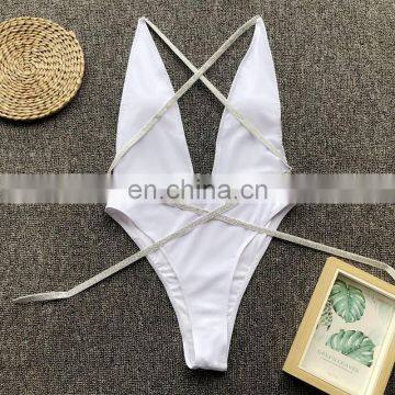 One Piece Swimsuit Neon Green Glitter Swimwear Women Bandage Swimsuit High Cut Monokini Shiny Bathing Suit Plunge Swimsuits