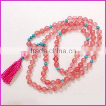 NE2145 Cherry quartz and Turquoise Mala,Buddha Necklace Mala