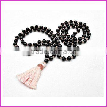 NE2133 Black Onyx Knot Mala Necklace,Gemstone Spiritual Knotted Rosay Necklace