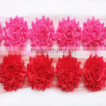 Wholesale sparkling chiffon flowers, 3" hot pink glitter shabby flower for Kids headbands