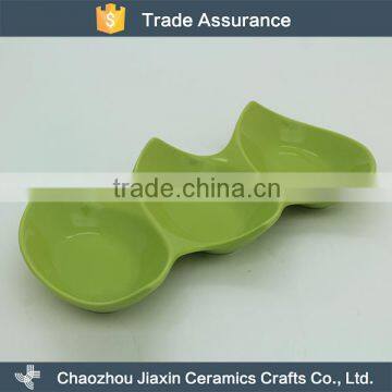 Restaurant tableware green ceramic three divided snack dishes wholesale