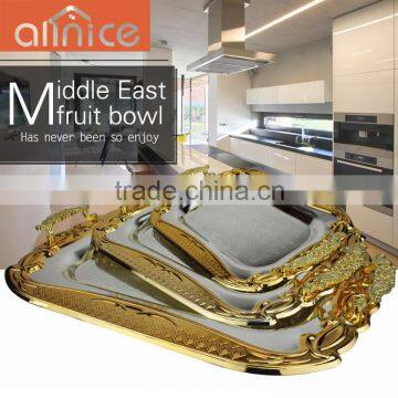 Hot selling hotel items serving tray silver plating with gold edge/ss410 with Zine-alloy handles serving tray