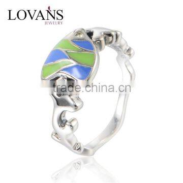 New Designer Adjustable Enamel Fish Shape Silver Ring With Rhinestone
