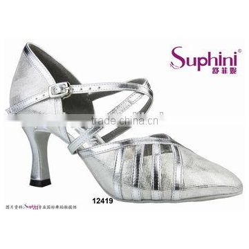 silver spark closed toe middle heel Ankle strap ballrom dance shoes