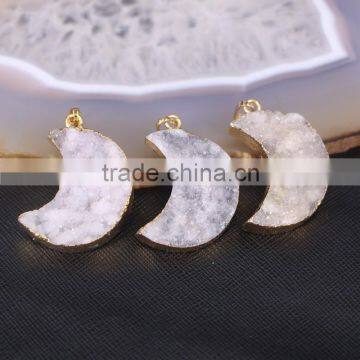 Druzy Quartz Stone Pendant Cressent shape gold plated Jewelry