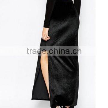 2016 New arrival High Waist Sexy Split Designer Women Black Velvet Maxi skirts for lady