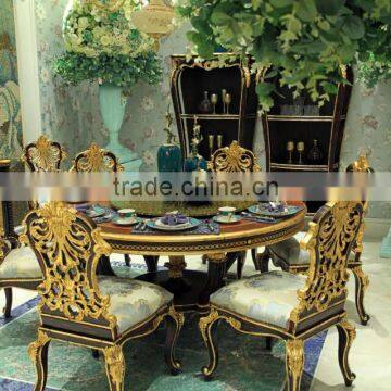 Luxurious Elegant Golden and Brown Carving Round Dining Table Set With Buffet and Chairs BF12-04204b photo-4