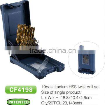 19pcs HSS titanium twist drill bit set in plastic case