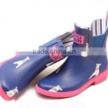 Navy Upper Pink Outsole White Dog Printed Lovely Fashion Design Chelsea Rubber Shoes Waterproof Wellies Low Cut Ankle Rain Boots photo-2