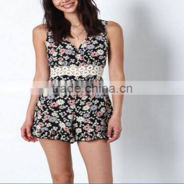 Summer Print Sleeveless V-neck High empire Floral Crochet Ruffle Romer