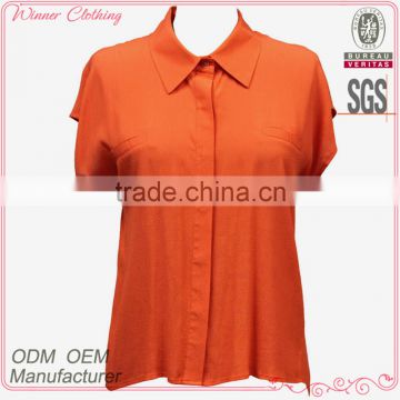 Summer ladies fashion new model short sleeve placket hidden loose fit plain dyed orange sweet shirts