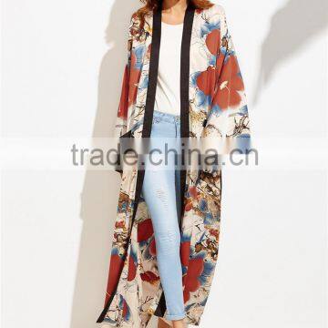 Custom Floral Print Women Beachwear Multicolor Flower Print Contrast Trim Belted Maxi Kimono photo-5