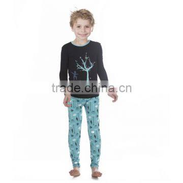 Small MOQ Black Tree Print Boys Sleepwear Winter Cotton Pajamas Kids