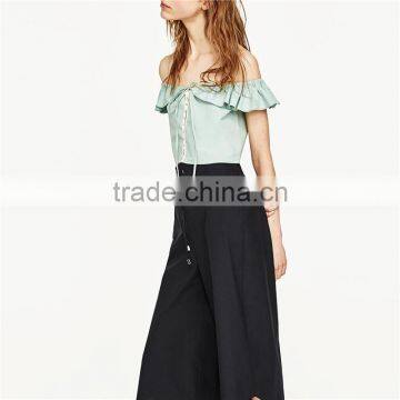 Cord Culottes Asymmetric Slacks Women Black Dress Pants photo-3