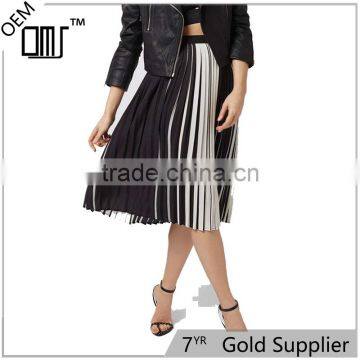 2017 OEM Spring Retro Monochrome Stripe Pleated Midi Skirt