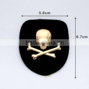 Black PU leather label with gold metal alloy logo skull design patches for jeans/jacket PLB-016