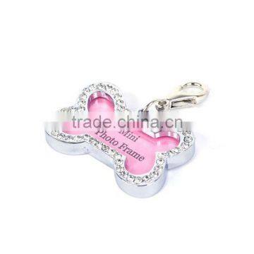 Rhinestones Bone Shaped Mini Photo Frame Silver Plated Pet Dog Tags