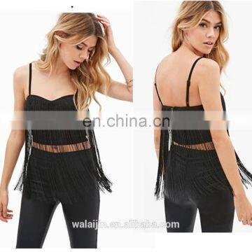 Strap design sex woman fringe top black sexy tops, tassel cloth