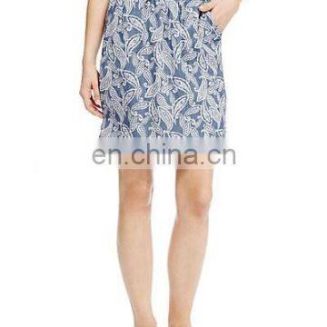 2015 Fashion Mature Women Abstract Print Denim Track Mini Skirt photo-3