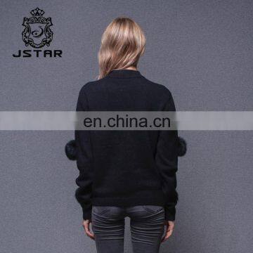 Woman Black Custom Pullover Sweater With a Lot Fox Fur Ball photo-3