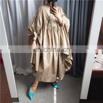 TWOTWINSTYLE Korean Cloak Dress For Women O Neck Batwing Long Sleeve Loose Asymmetric Maxi Dresses Female photo-3