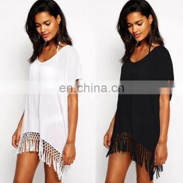 2019 New Swim suit cover up Beach Cover-up With Tassels Pareo Beachwear Tunic White Chiffon Sarong Swimwear Dress