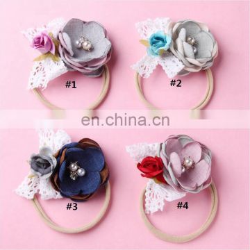 Princess Patchwork Hairbands Girl flower Pearl Nylon Boutique Hair Accessories 4colors