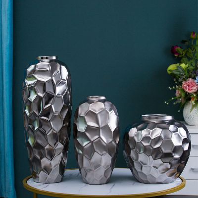 Large Silver Honeycomb Round Modern Simple Ceramic Flower Vase For Living Room Decor