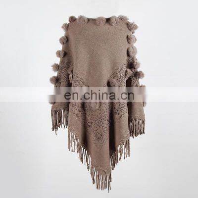 Women O-Neck Solid Fur Ball Tassel Cloak Loose Shawl Sweater photo-4