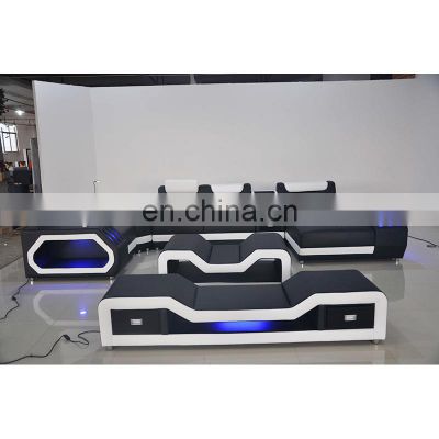 Italian style living room black leather sectional sofas modern with speaker, USB port and LED lights