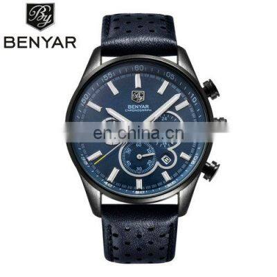 BENYAR BY-5108M Genuine Leather Analog Quartz Watches Men Fashion Sport Chronograph Wrist Watch Men