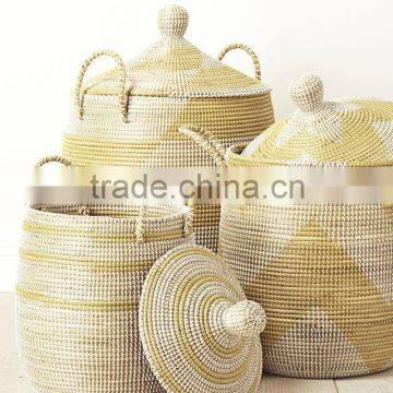 High quality best selling eco-friendly Set of 3 Handwoven seagrass basket with handles-yellow & natural color from Vietnam