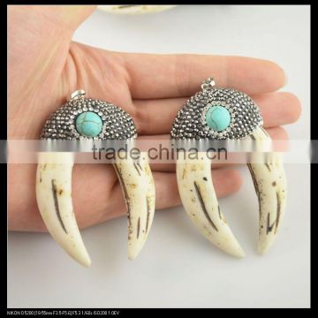 LFD-0099P ~ Fashion! Two White Teeth Pendant With Crystal Rhinestone and Turquoise Paved Charms Pendants