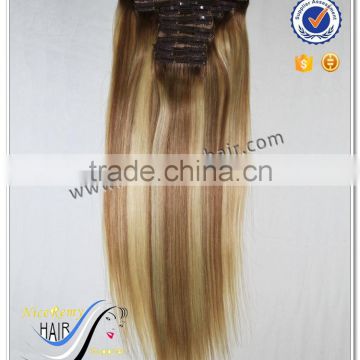 Wholesale cheap price 100% human hair silky straight piano color clip in hair extension