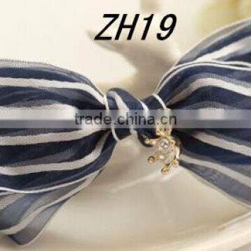 Imperial Crown Rhinestone Blue & White Striped Ribbon Material Hair Clips