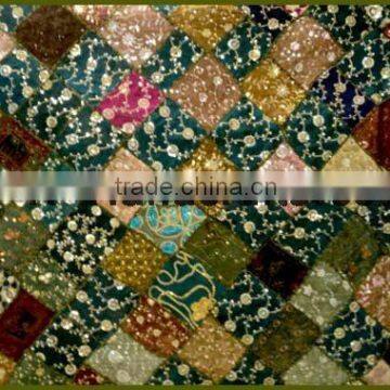 EXOTIC BEADED VINTAGE SARI TABLE SPREAD CLOTH TAPESTRY