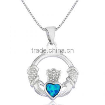 Real 925 Sterling Silver Created Blue Opal Irish Claddagh Pendant Silver Opal Claddagh Pendant